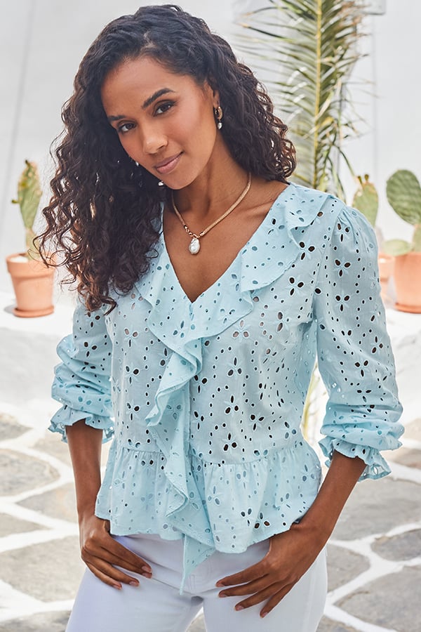 Pastel Blue Broderie Ruffle Detail Cotton Blouse