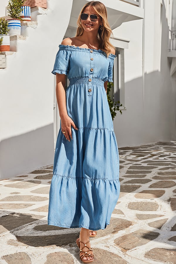 Mid Blue Denim Shirred Waist Bardot Fit & Flare Maxi Dress
