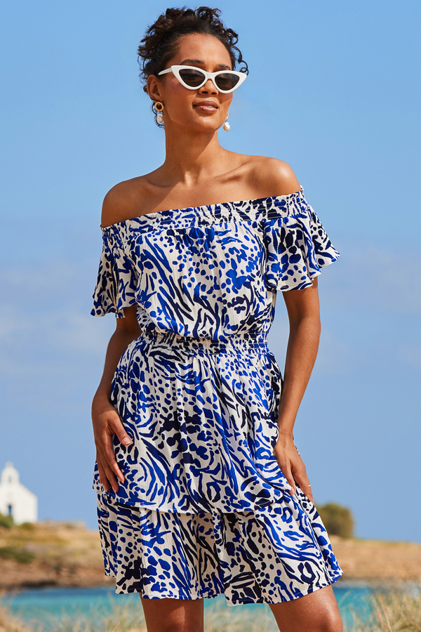 Blue Animal Print Frill Detail Bardot Crinkle Dress
