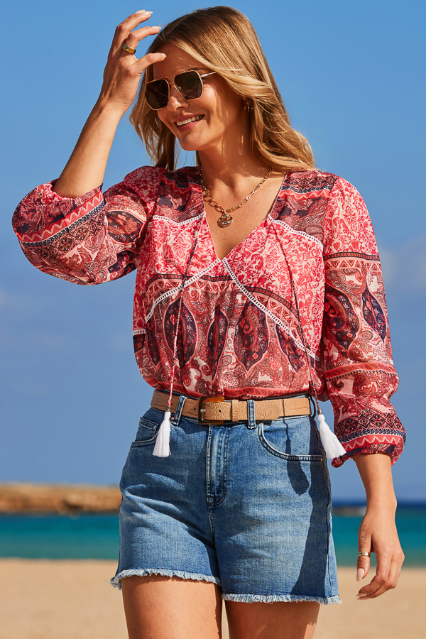 Pink Scarf Print Blouson Sleeve Tassel Detail Blouse