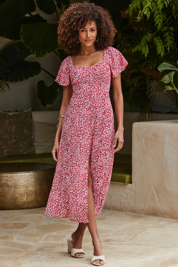 Pink Floral Print Angel Sleeve Midi Dress