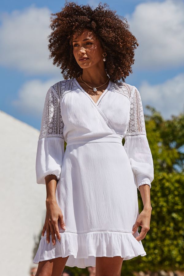 White Broderie Detail Wrap Front Summer Dress