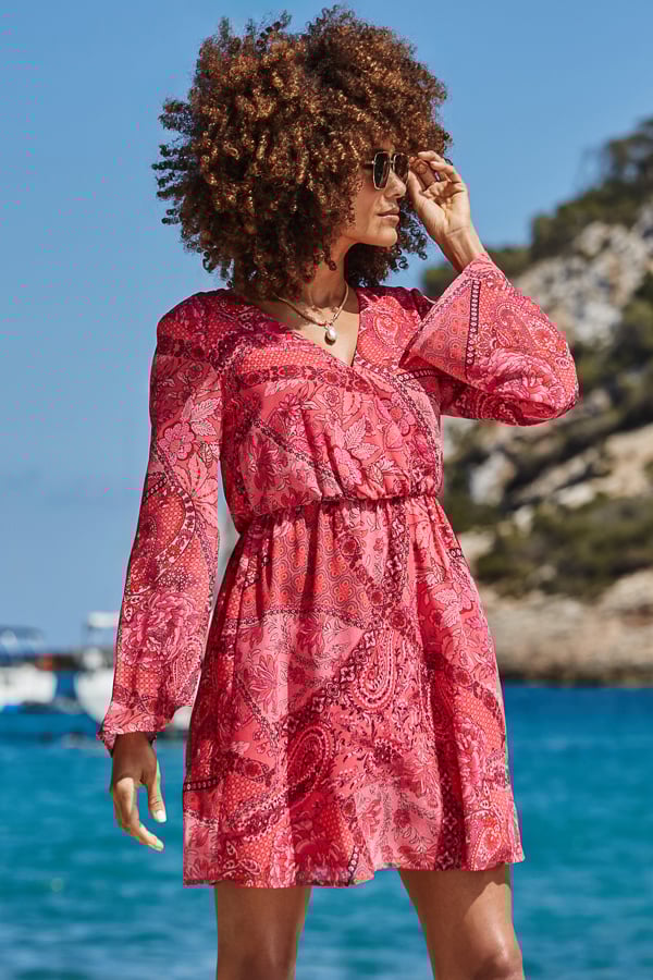 Pink Paisley Print Wrap Front Dress