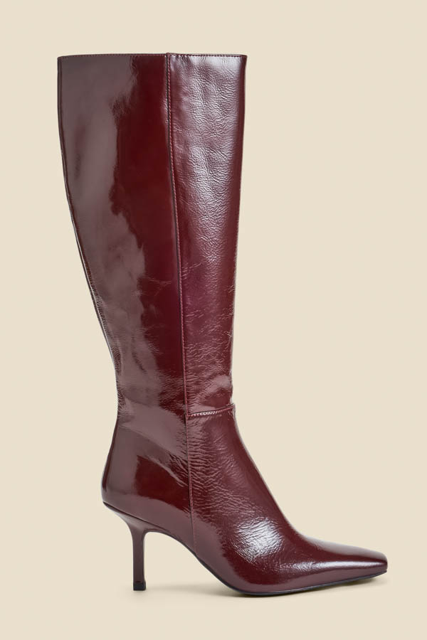 Burgundy Leather Square Toe Mid Heel Knee High Boots