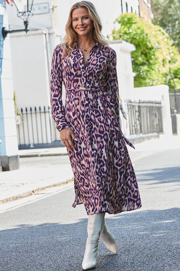 Purple Animal Print Belted Shirt Dress