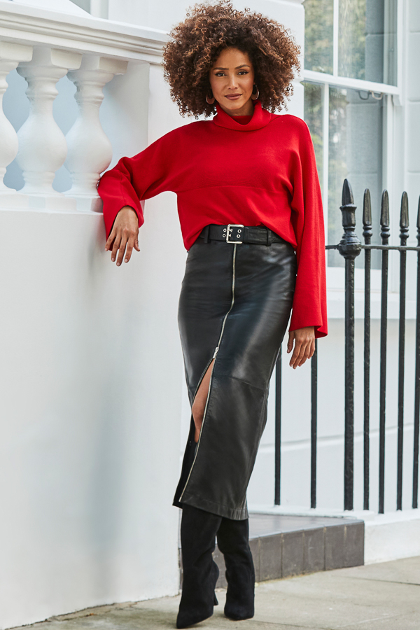 Black Leather Zip Front Midaxi Skirt