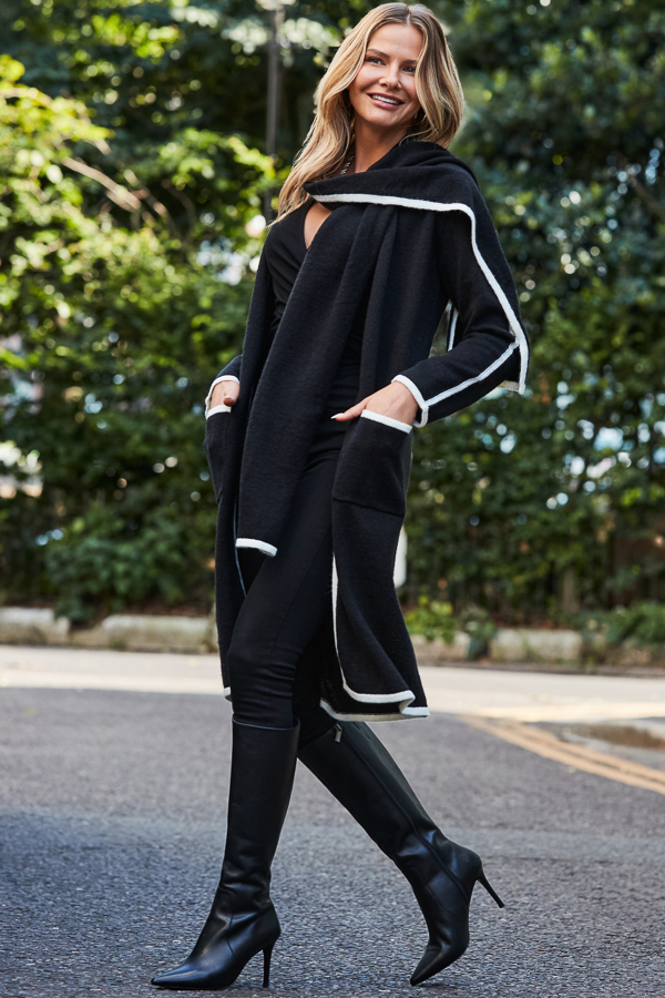 Black Contrast Trim Cardigan With Scarf