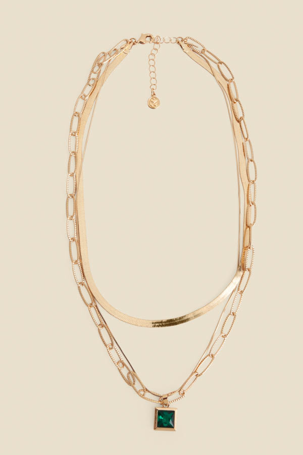 Gold Triple Layer Green Stone Necklace