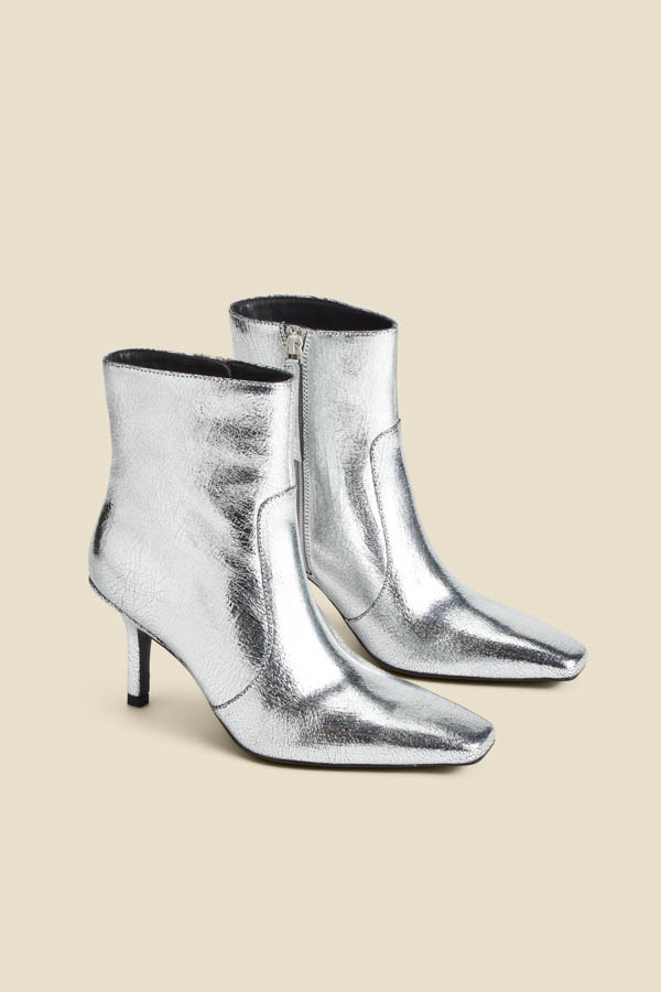 Silver Leather Square Toe Ankle Boot