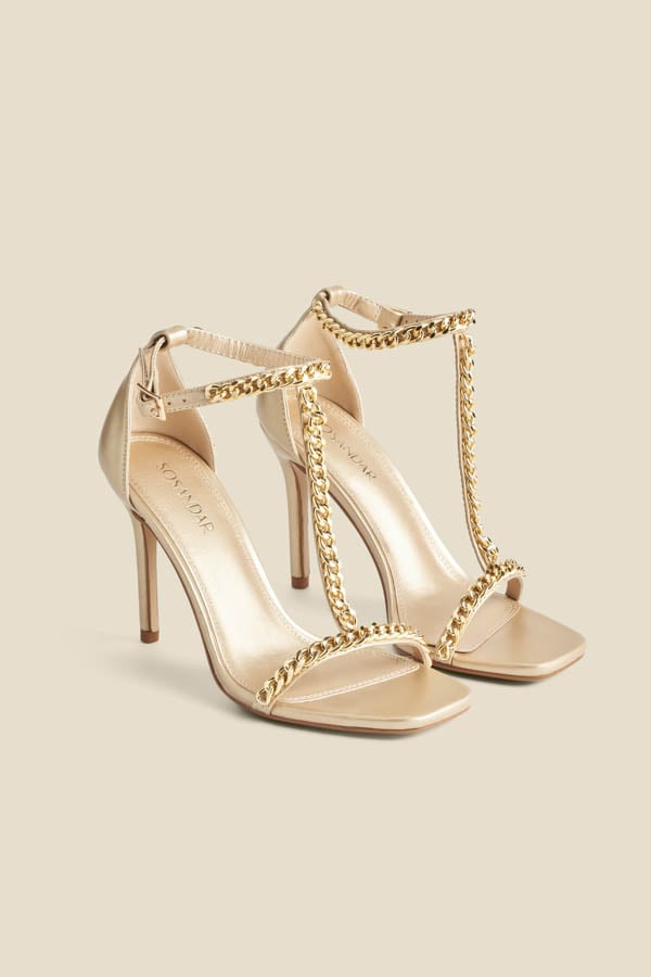 Gold Chain Detail Square Toe Stiletto Heel Sandals