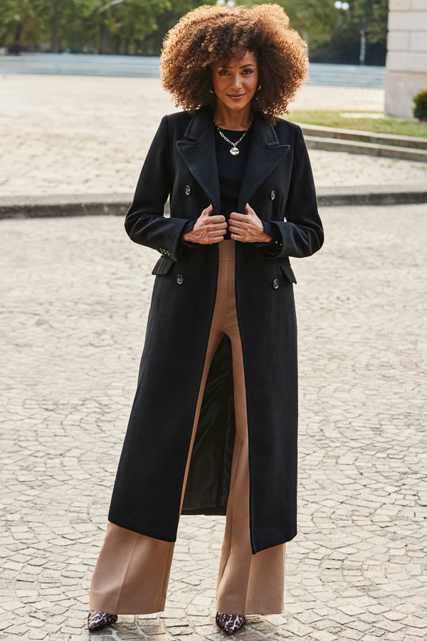Black Double Breasted Hourglass Longline Coat