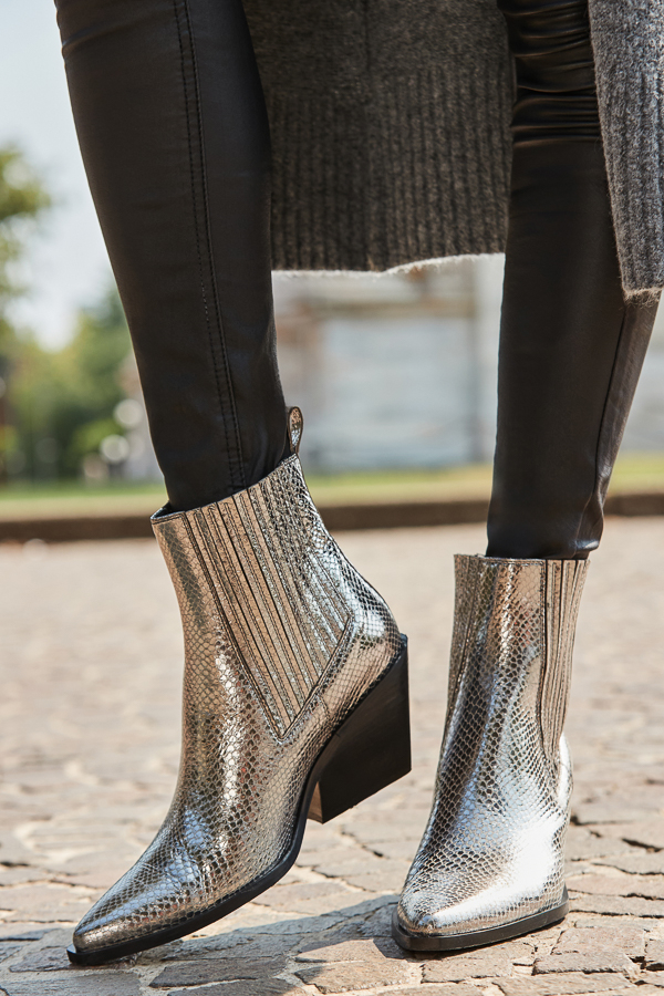 Silver Leather Western Stack Heel Boots