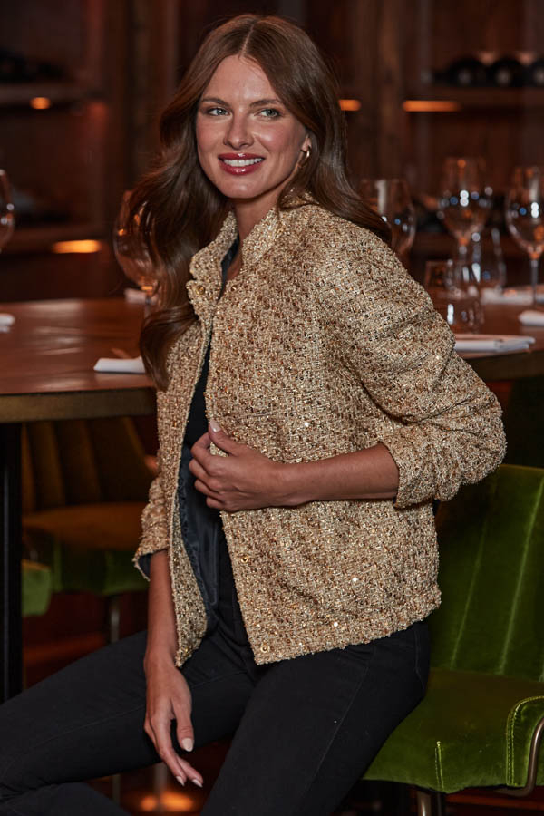 Gold Embellished Boucle Bomber Jacket