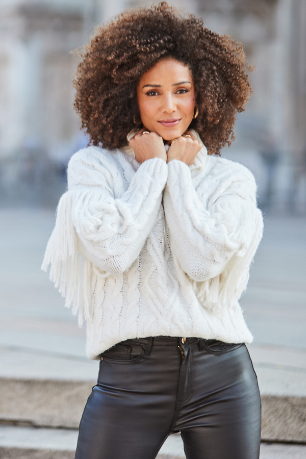 Cream Fringe Detail Roll Neck Cable Jumper