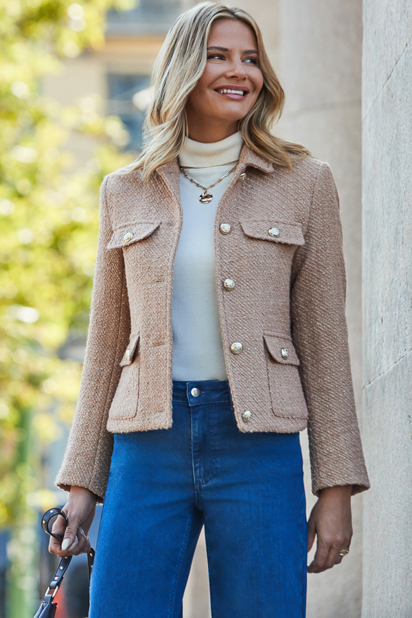 Camel Boucle Jacket With Gold Buttons