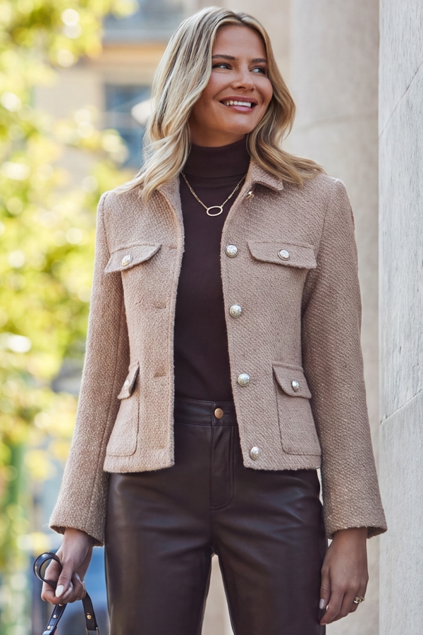 Camel Boucle Jacket With Gold Buttons