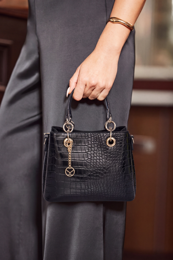 Black Croc Faux Leather Gold Trim Handbag With Cross Body Strap