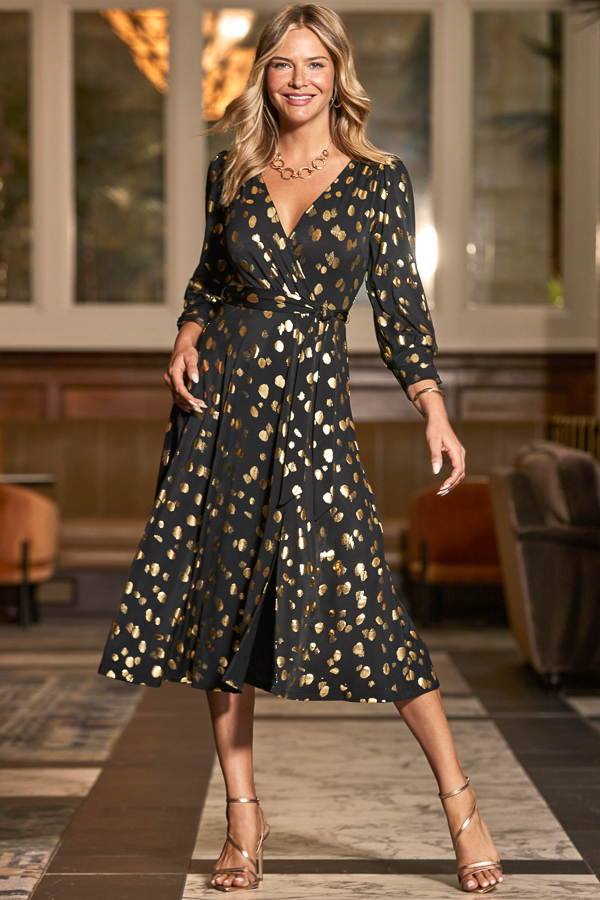 Black & Gold Metallic Spot Print Wrap Dress Black & Gold Metallic Spot Print Wrap Dress