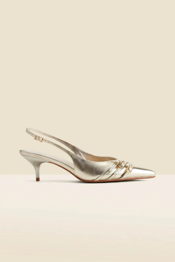 Gold Leather Buckle Detail Kitten Heel Slingbacks