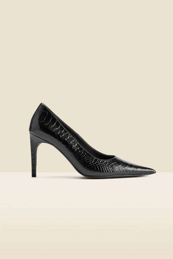 Black Croc Leather Curved Heel Court Shoes