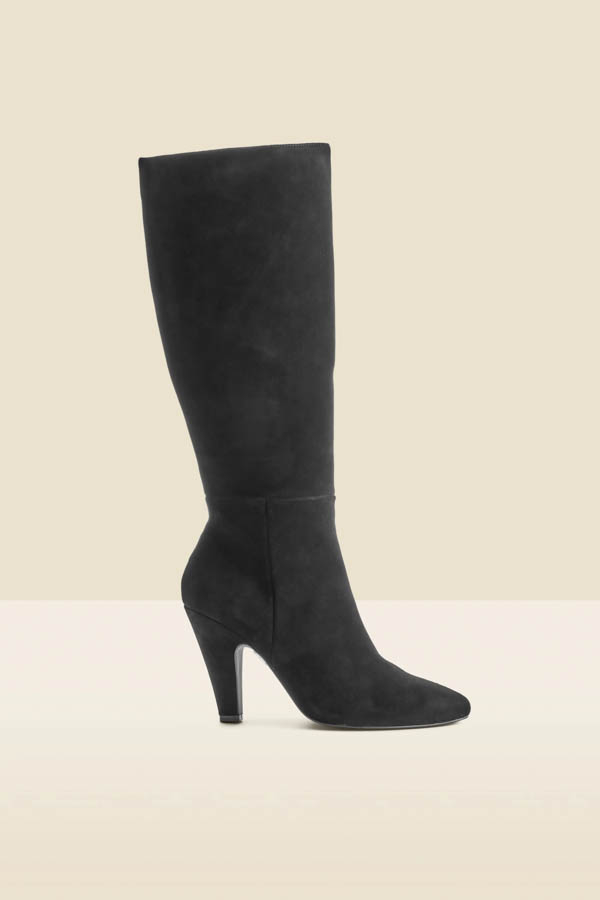 Black Suede Knee High Heeled Boots