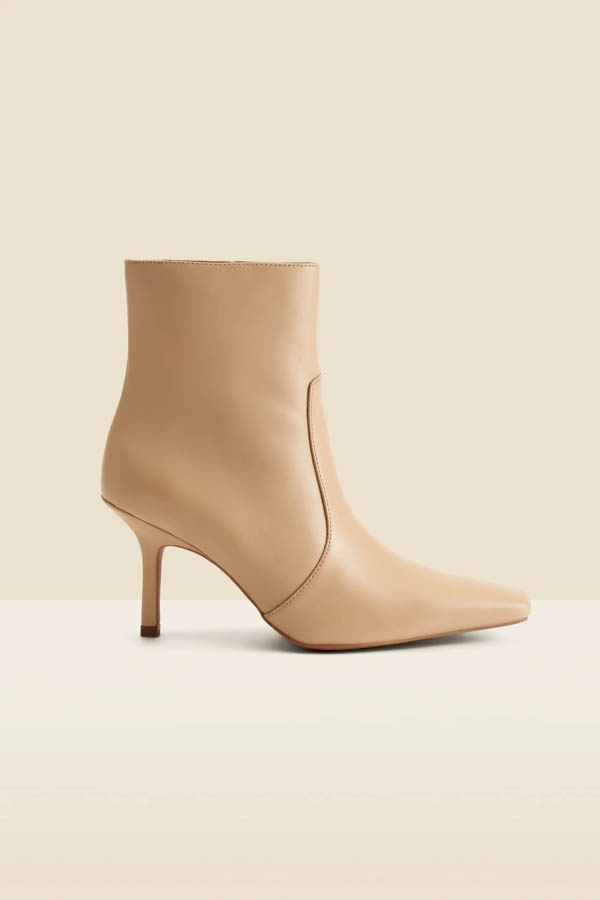 Ecru Leather Square Toe Ankle Boot