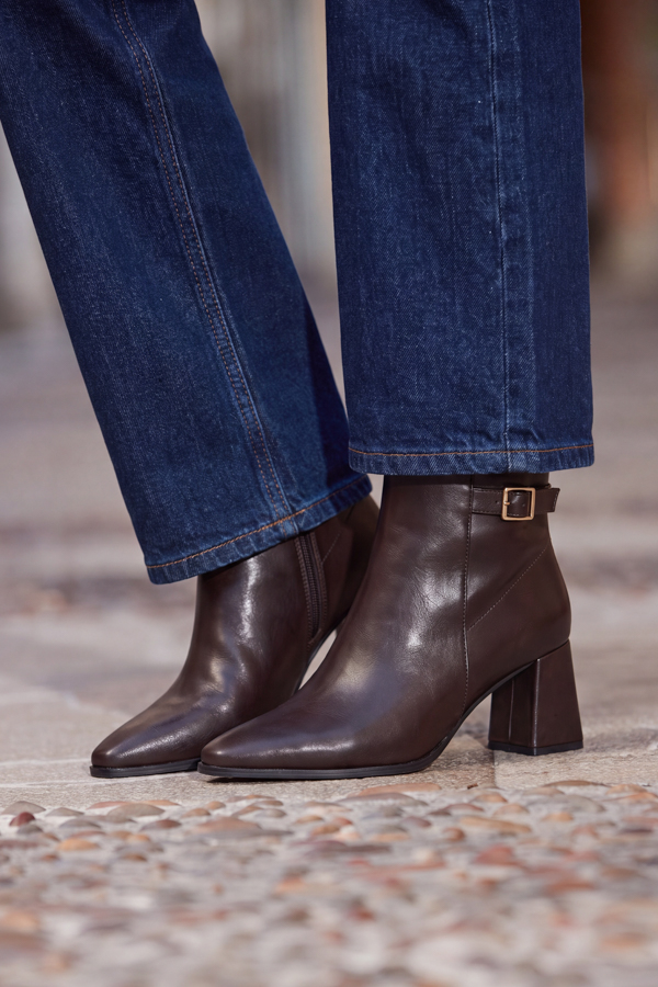 Chocolate Brown Block Heel Ankle Boots With Buckle Trim