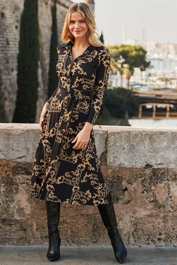 Black & Gold Baroque Print Midi Shirt Jersey Dress Black & Gold Baroque Print Midi Shirt Jersey Dress
