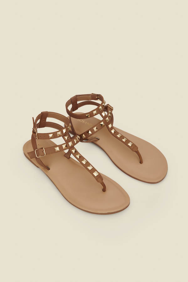 Tan Leather Studded Gladiator Sandals