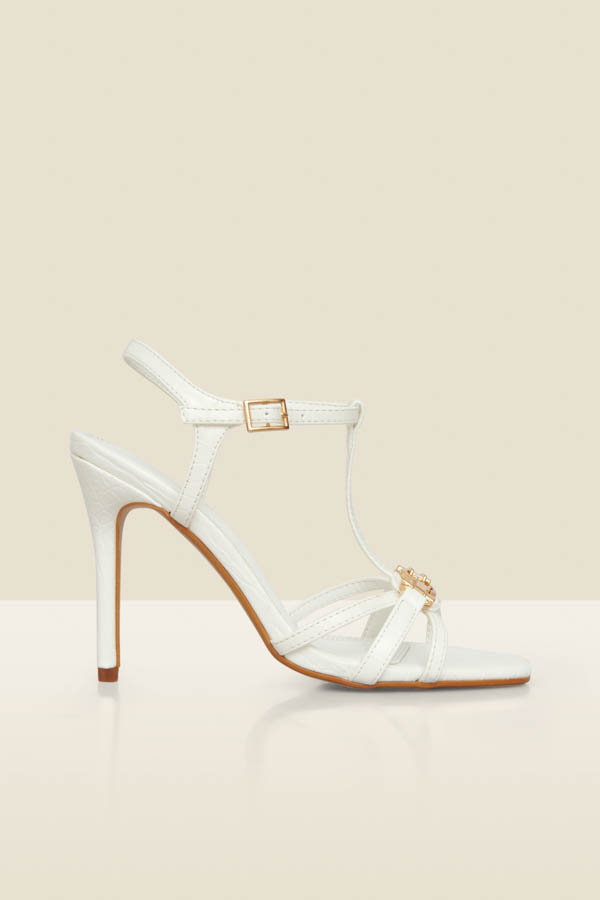 Ecru Strappy Sandal With Gold Buckle Trim