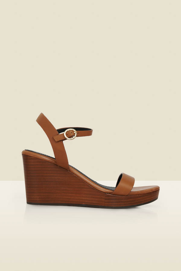 Tan Leather Sandals With Wooden Wedge Heel