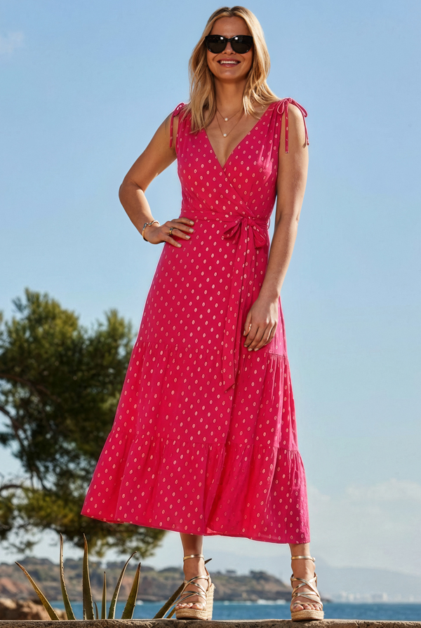 Coral & Gold Metallic Fleck Print Wrap Dress