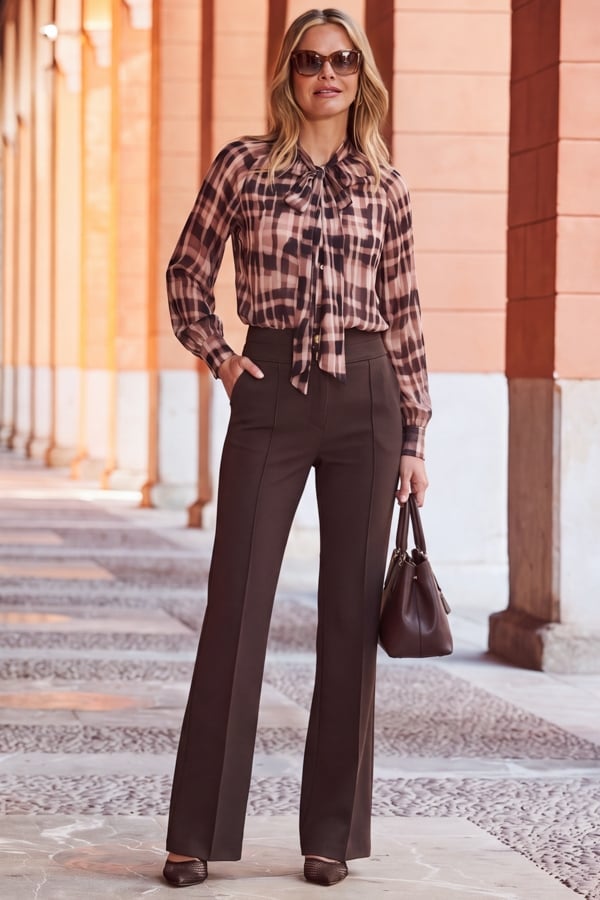 Brown Check Print Tie Neck Blouse