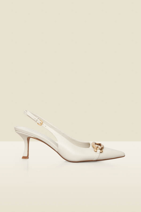 Ecru Leather Chain Detail Slingback Court Shoes