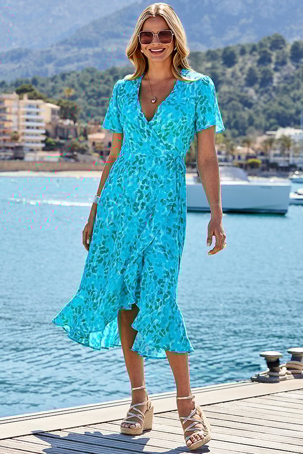 Aqua Blue Animal Print Ruffle Hem Wrap Dress