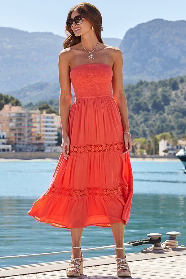 Coral Crochet Detail Tiered Bandeau Dress