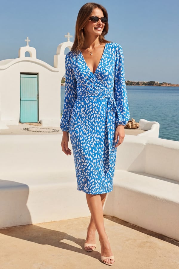 Blue & Ivory Fleck Print Faux Wrap Dress