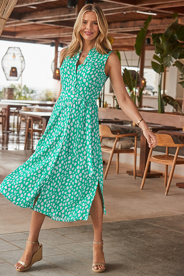 Green Fleck Print Sleeveless Midi Shirt Dress