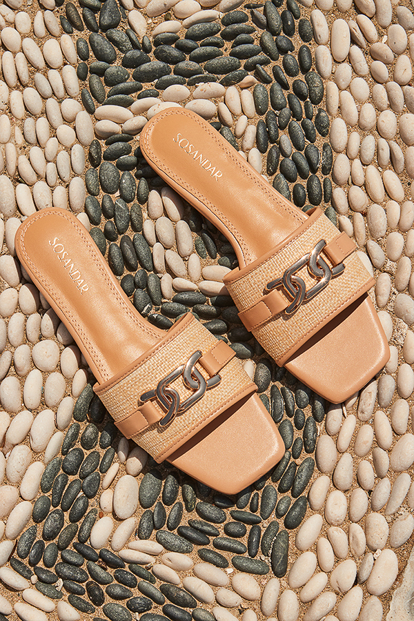 Natural Raffia Flat Mule Sandals With Gold Trim