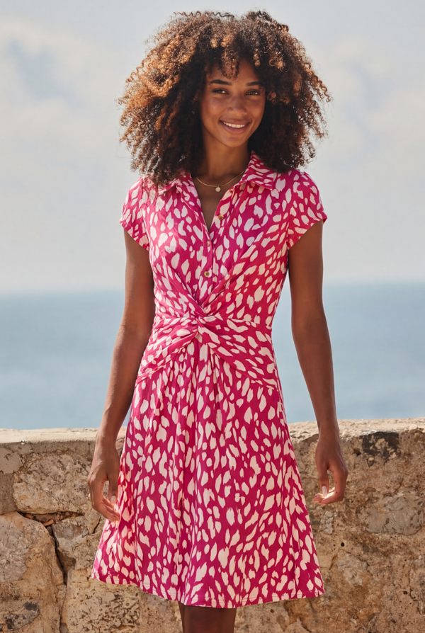 Pink Fleck Print Twist Front Shirt Dress
