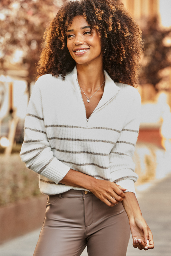 Ivory & Taupe Stripe Quarter Zip Jumper