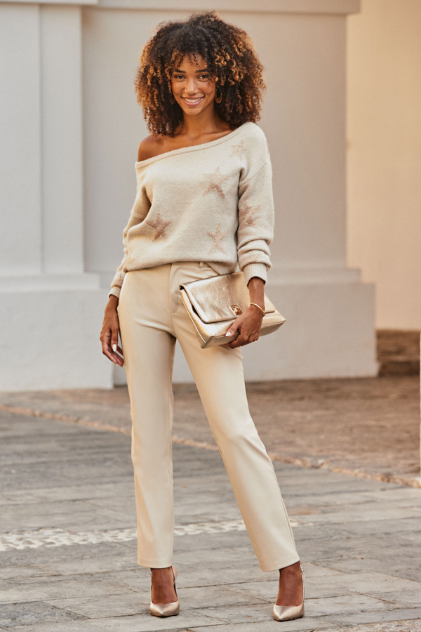 Ecru Faux Leather Straight Leg Trousers
