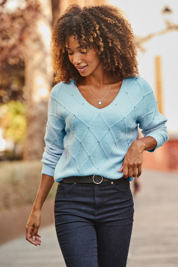 Soft Blue Pointelle Diamante Embellished Jumper