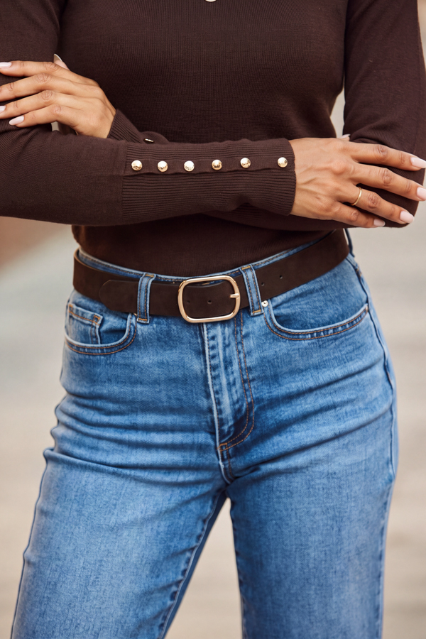 Chocolate Brown Suede Belt With Gold Buckle