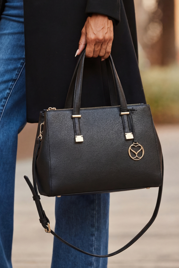 Black Leather Tote Bag With Cross Body Strap