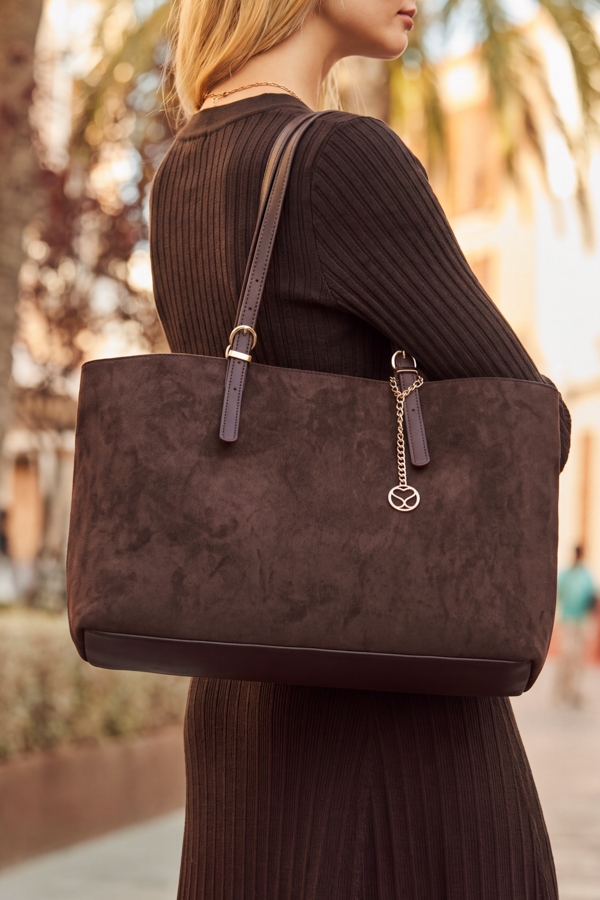 Chocolate Brown Faux Suede Tote Bag With Buckle Detail Straps