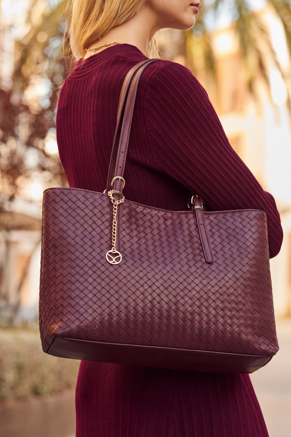 Burgundy Faux Leather Woven Tote Bag