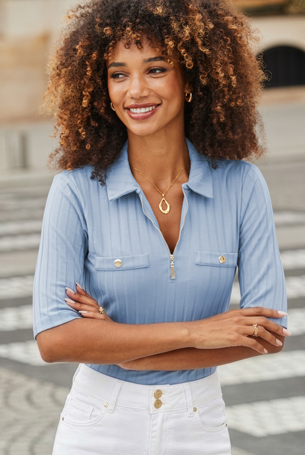 Blue Short Sleeve Zip Front Top With Gold Buttons