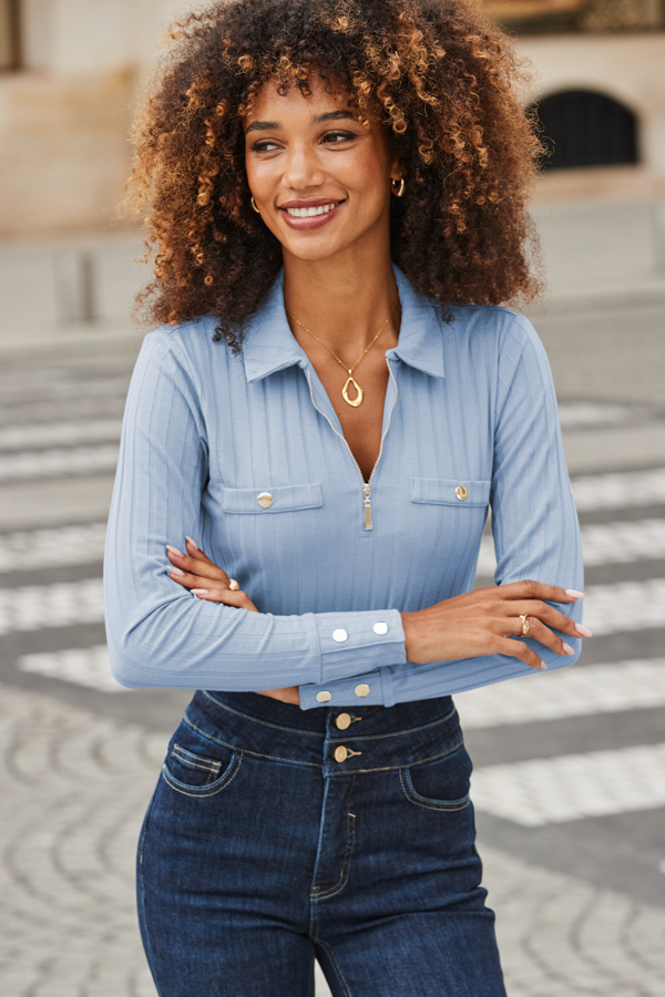 Light Blue Zip Front Top With Gold Buttons