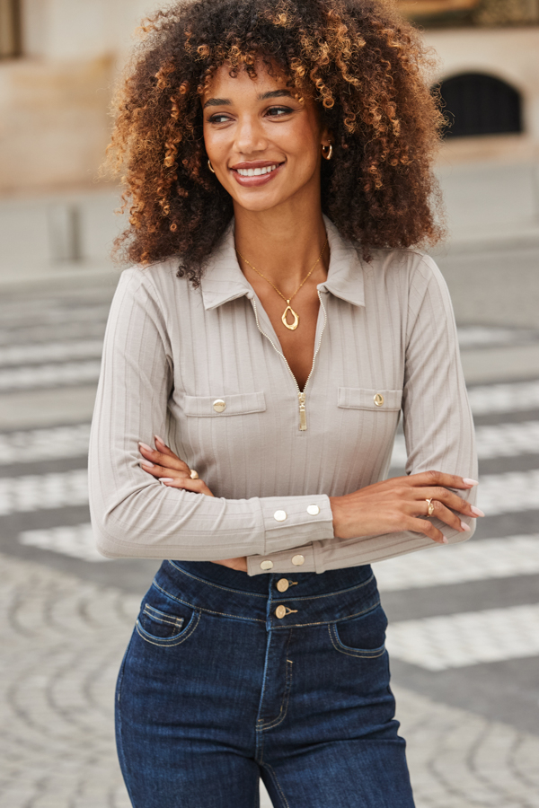 Taupe Zip Front Top With Gold Buttons